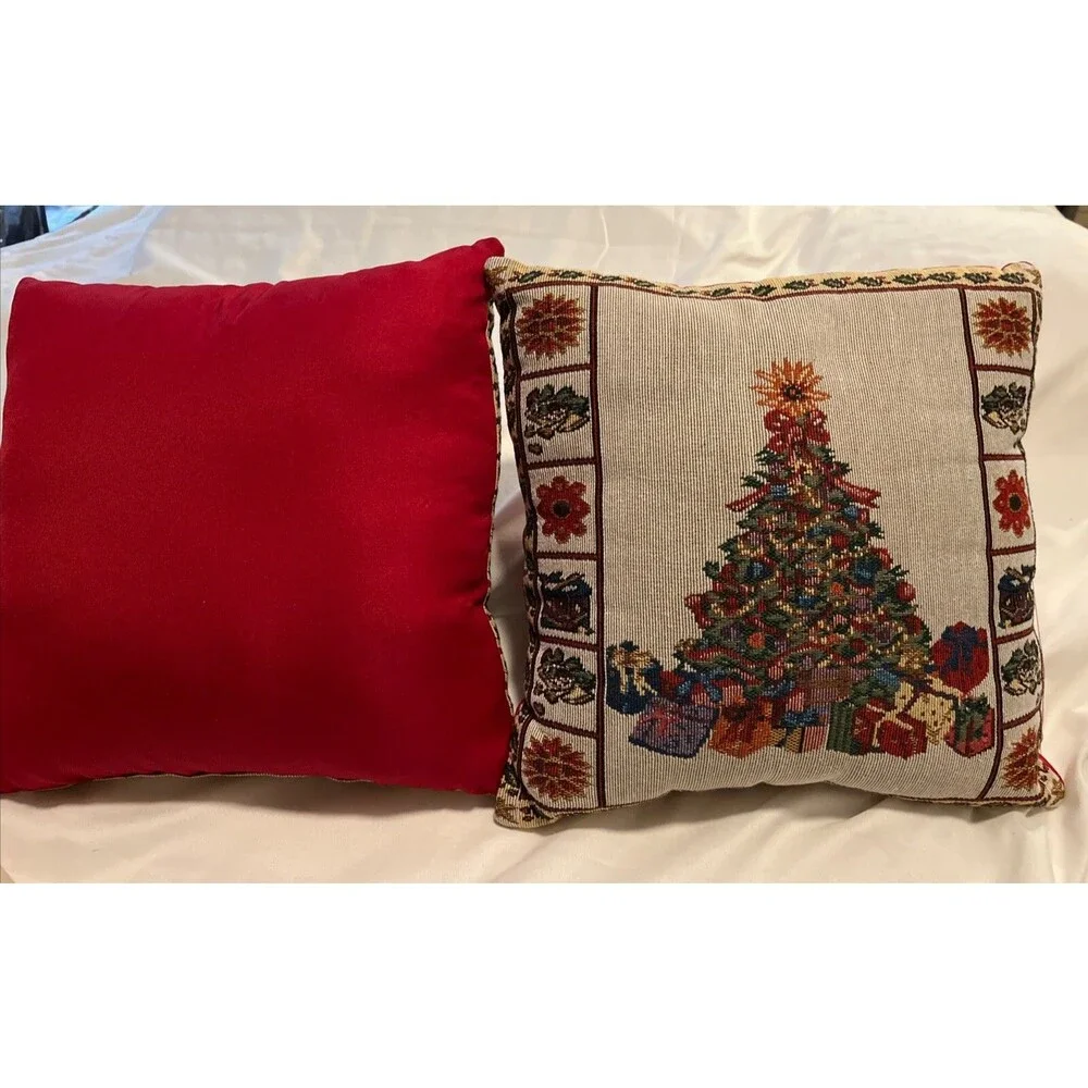 Vintage Tapestry Pillows Christmas tree with presents Square  12”x12”x4” (2)